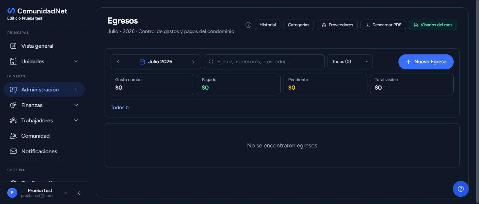 Panel de Egresos vacío con el botón Nuevo Egreso visible