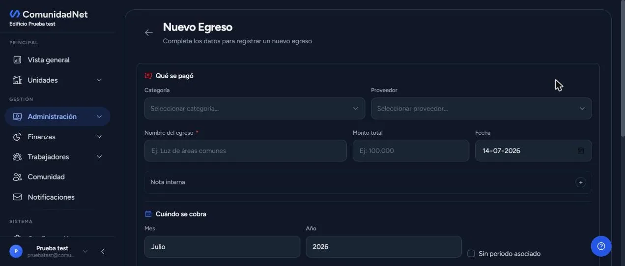 Formulario de nuevo egreso recién abierto, vacío