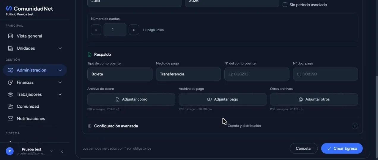 Sección Respaldo del formulario junto al botón Crear Egreso