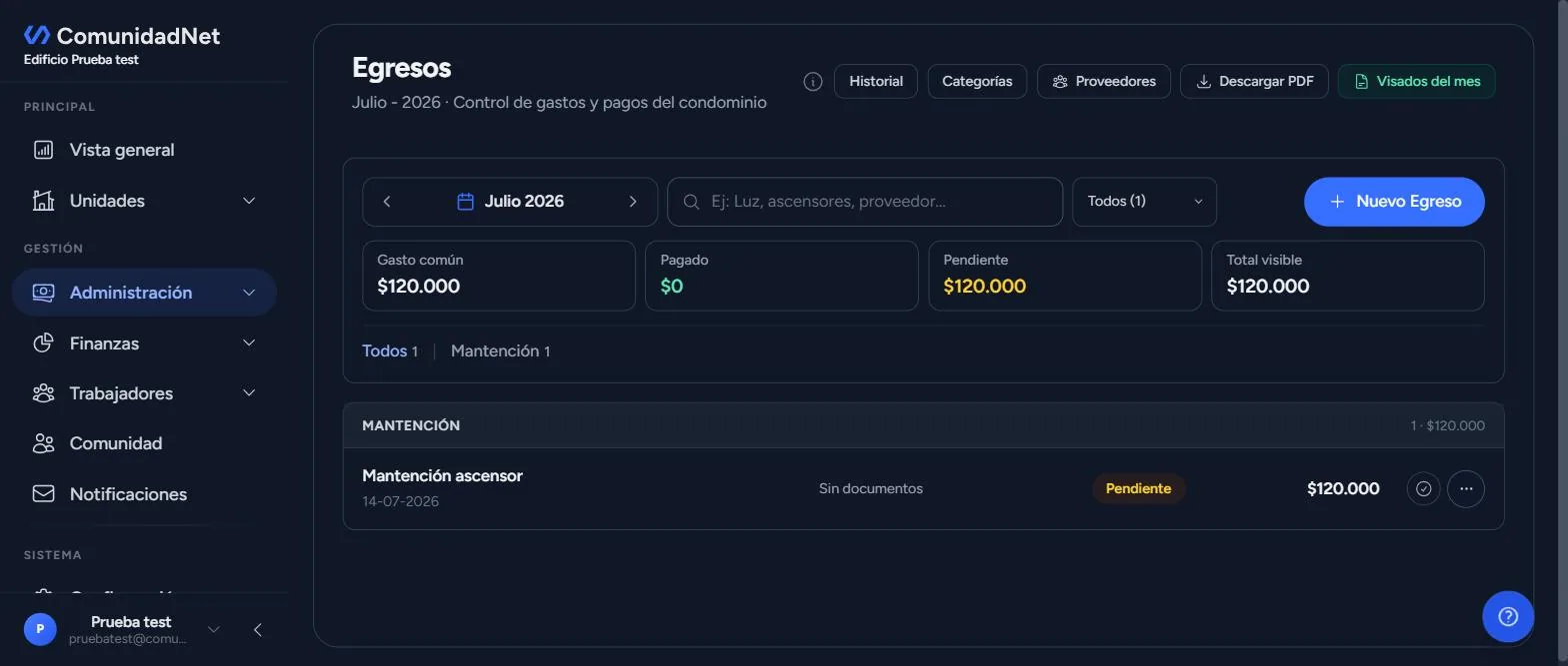 Egreso creado por $120.000 con estado Pendiente en la lista de Julio 2026