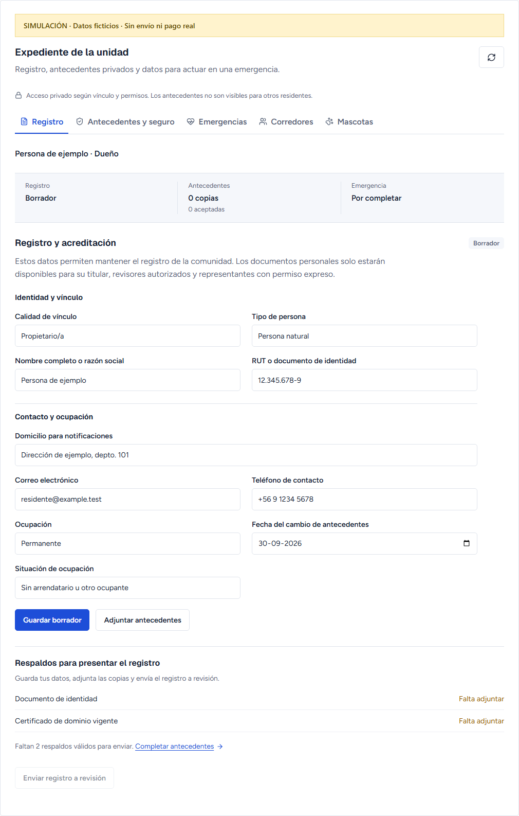 Simulación del Registro del expediente con datos ficticios y botón Guardar borrador.