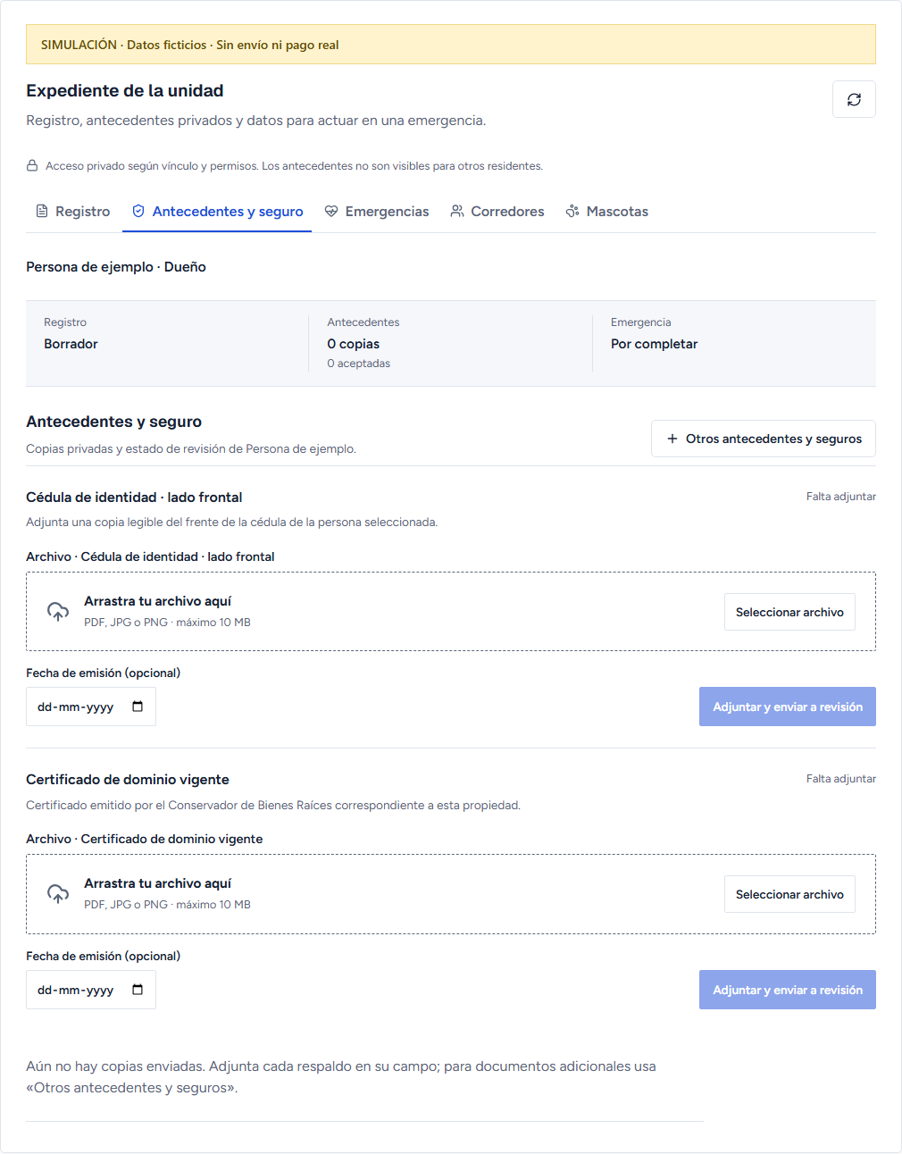 Simulación de Antecedentes y seguro con campos para aportar cédula frontal y certificado de dominio vigente.