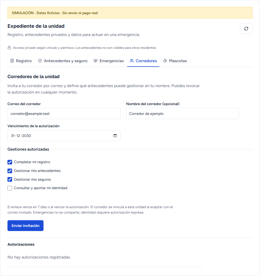 Simulación de una invitación a corredor: correo ficticio, vencimiento y gestiones autorizadas, antes de enviar.