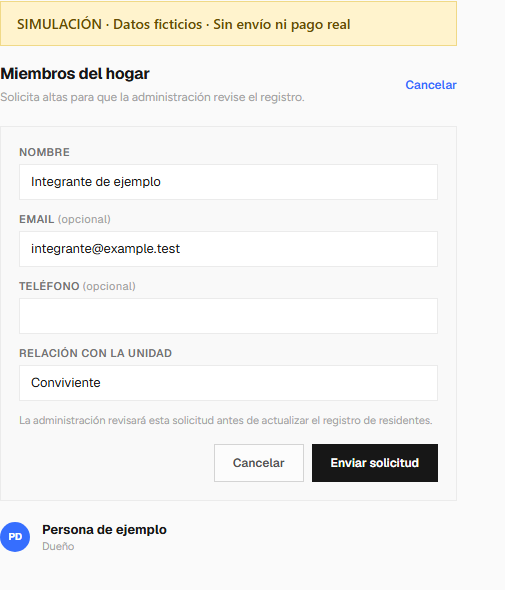 Simulación de la solicitud de alta de un miembro del hogar con nombre y correo ficticios, sin enviarla.