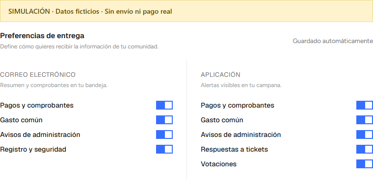 Simulación de las preferencias de correo electrónico y aplicación, incluido el interruptor Gasto común.
