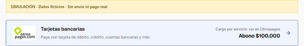Simulación de la opción Tarjetas bancarias con Otrospagos, antes de iniciar un pago.