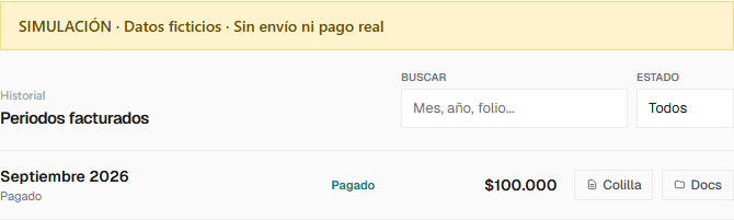 Simulación del historial con un mes ficticio y sus botones Colilla y Docs.